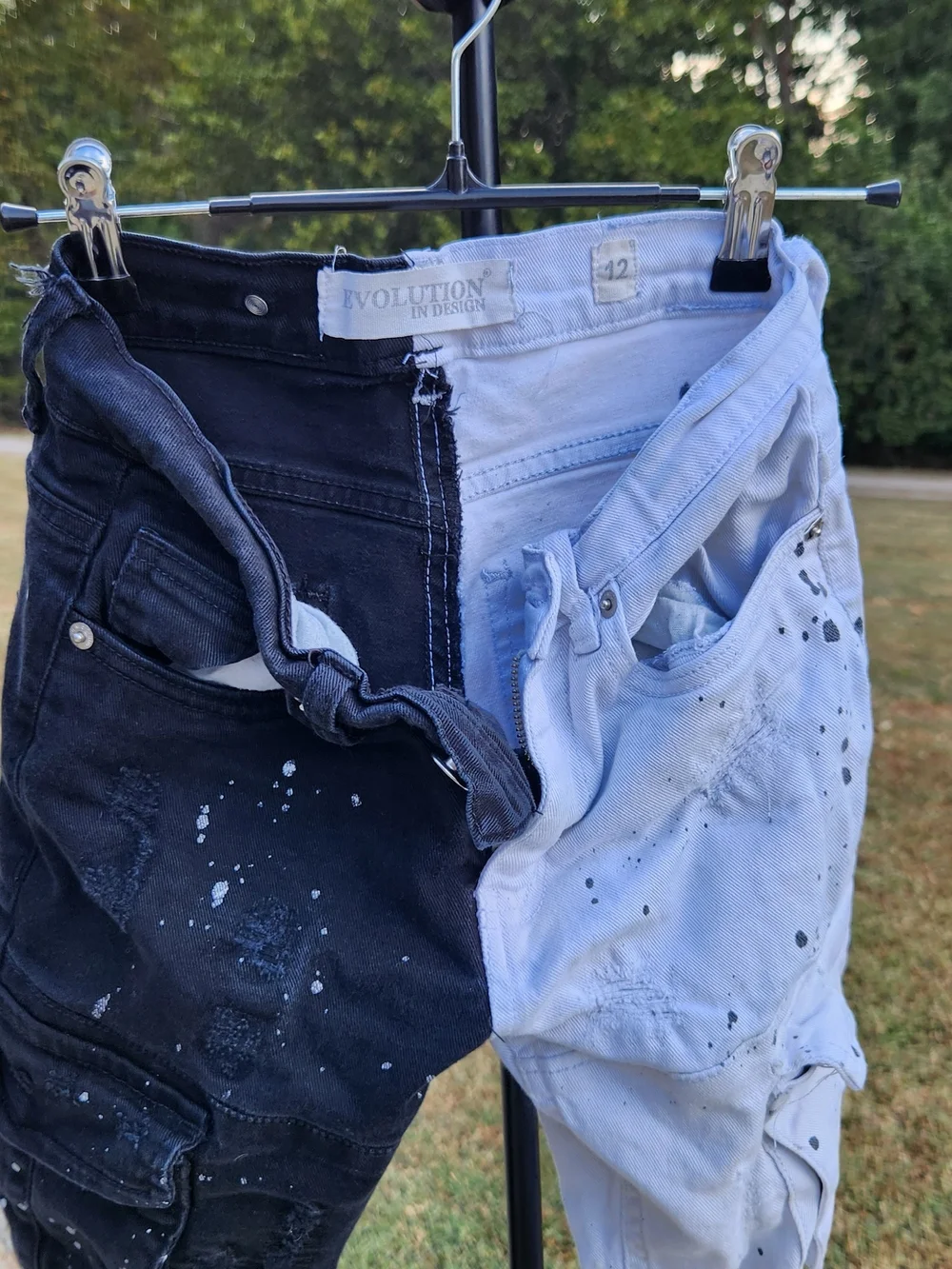 Evolution In Design Boys Split Color Paint Splatter Distressed Cargo Jeans Sz 12
